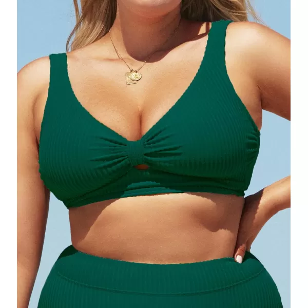 imageCUPSHE Women Swimsuit Plus Size Bikini Top Ribbed Texture Knotted Front Fixed Wide Straps No BottomGreen