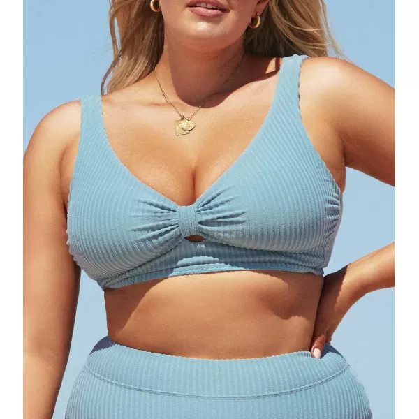 imageCUPSHE Women Swimsuit Plus Size Bikini Top Ribbed Texture Knotted Front Fixed Wide Straps No BottomLight Blue