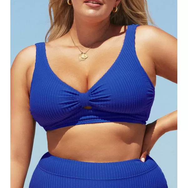 imageCUPSHE Women Swimsuit Plus Size Bikini Top Ribbed Texture Knotted Front Fixed Wide Straps No BottomRoyal Blue