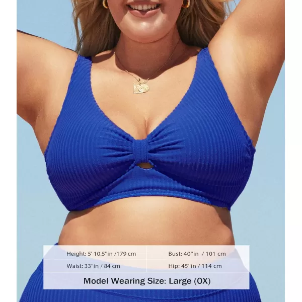 imageCUPSHE Women Swimsuit Plus Size Bikini Top Ribbed Texture Knotted Front Fixed Wide Straps No BottomRoyal Blue