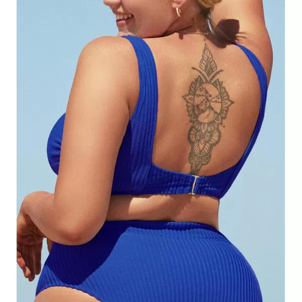 imageCUPSHE Women Swimsuit Plus Size Bikini Top Ribbed Texture Knotted Front Fixed Wide Straps No BottomRoyal Blue