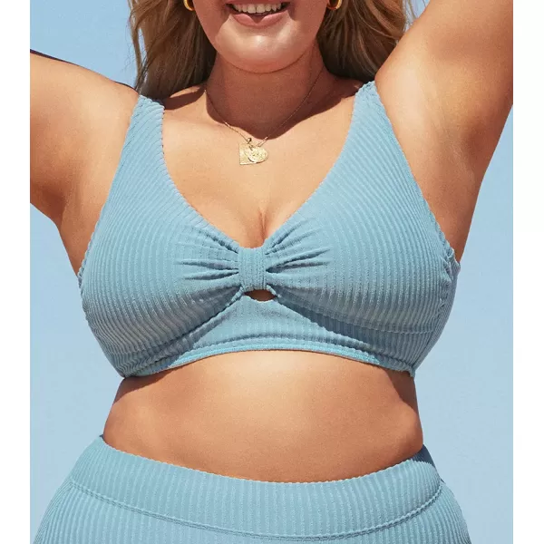 imageCUPSHE Women Swimsuit Plus Size Bikini Top Ribbed Texture Knotted Front Widen Trim with Fixed Wide StrapsLight Blue