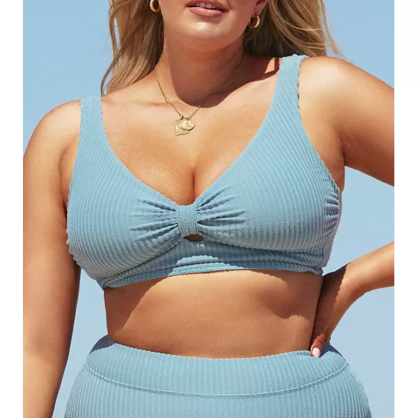 imageCUPSHE Women Swimsuit Plus Size Bikini Top Ribbed Texture Knotted Front Widen Trim with Fixed Wide StrapsLight Blue