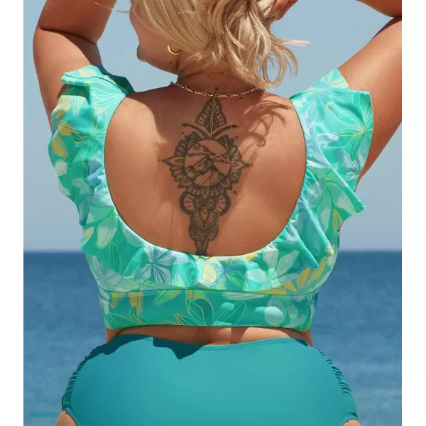 imageCUPSHE Women Swimsuit Plus Size Bikini Top Ruffle Scoop Neck Cutout Front Widen Hem No BottomLight Greeen