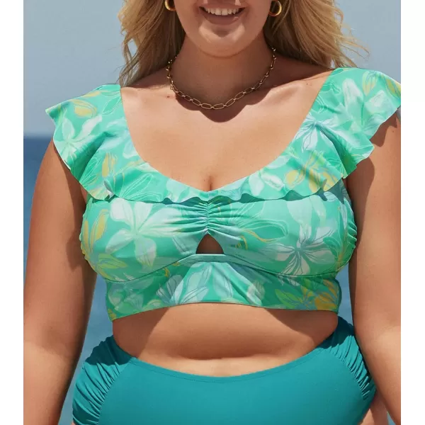 imageCUPSHE Women Swimsuit Plus Size Bikini Top Ruffle Scoop Neck Cutout Front Widen Hem No BottomLight Greeen