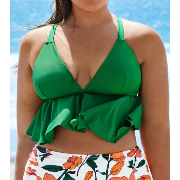 imageCUPSHE Women Swimsuit Plus Size Bikini Top Triangle Bralette Flowy Ruffle Hem with Adjustable Straps No BottomGreen