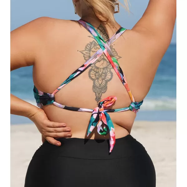 imageCUPSHE Women Swimsuit Plus Size Bikini Top Twist Front Self Tie Cross Back Retro Floral Print No BottomPink  Floral