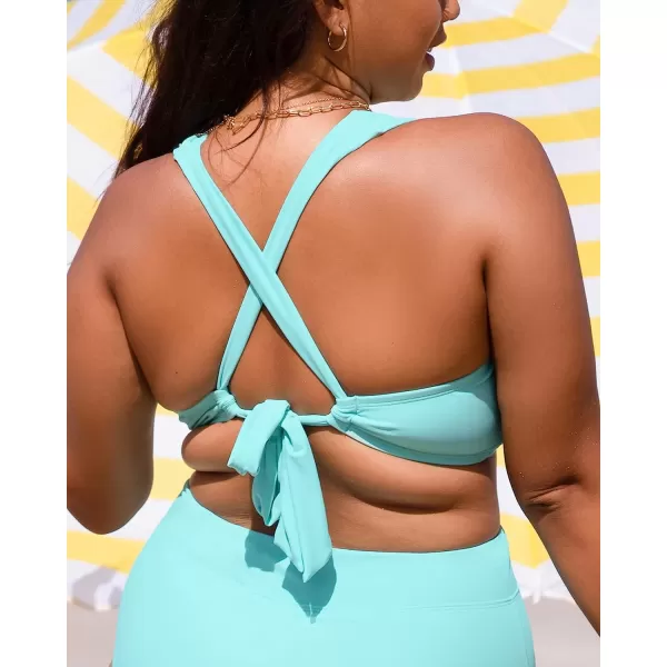 imageCUPSHE Women Swimsuit Plus Size Bikini Top V Neck Strappy Wide Straps Back TieAqua