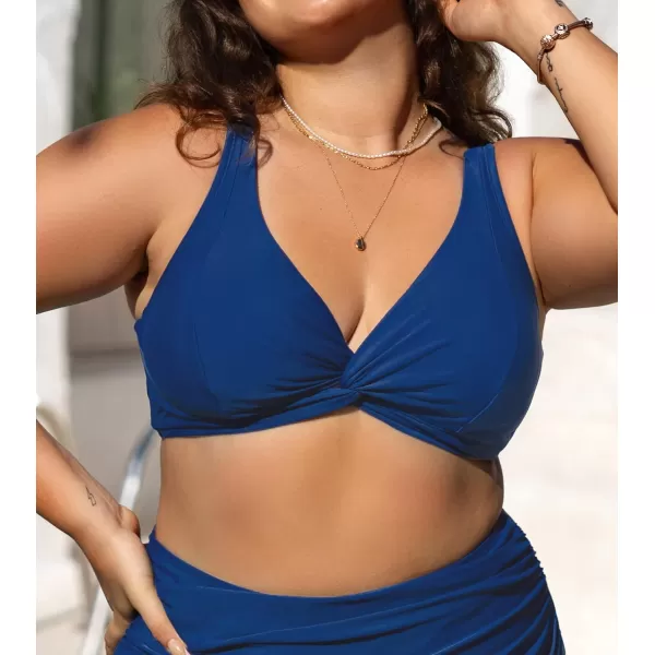 imageCUPSHE Women Swimsuit Plus Size Bikini Top V Neck Twisted Front Adjustable Straps Back Hook Swimwear No BottomBlue