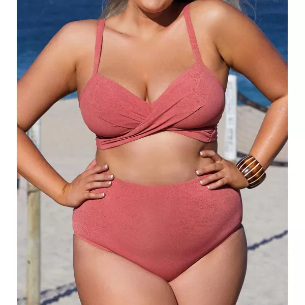 imageCUPSHE Women Swimsuit Plus Size Bikini Top V Neck Wrapped Adjustable Straps Back Tie Textured Swimwear No BottomCoral Pink