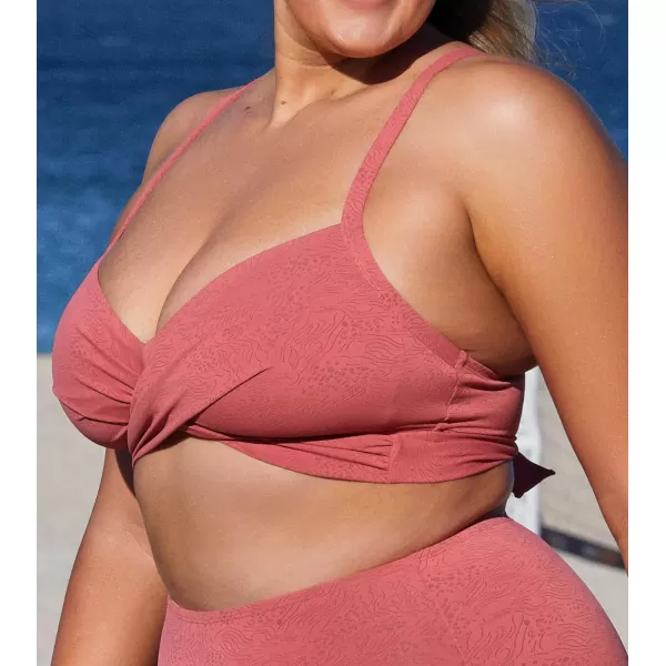imageCUPSHE Women Swimsuit Plus Size Bikini Top V Neck Wrapped Adjustable Straps Back Tie Textured Swimwear No BottomCoral Pink