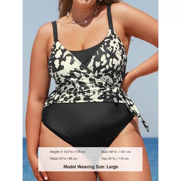 imageCUPSHE Women Swimsuit Plus Size One Piece Bathing Suit Color Block Side Tie Adjustable StrapsAbstract Print Black