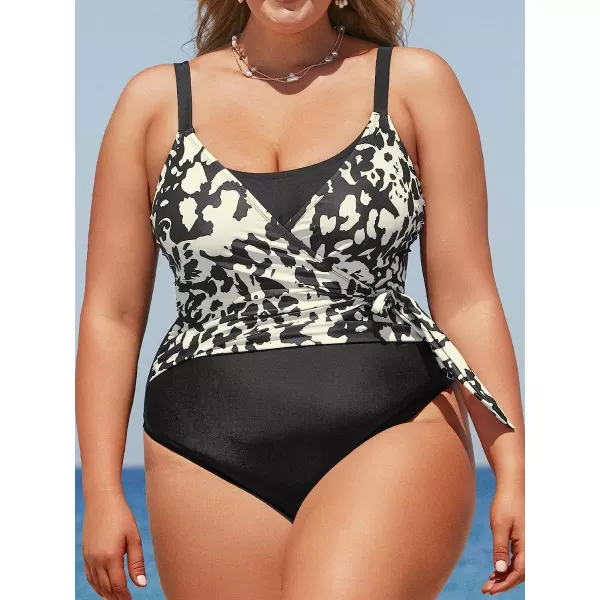 imageCUPSHE Women Swimsuit Plus Size One Piece Bathing Suit Color Block Side Tie Adjustable StrapsAbstract Print Black