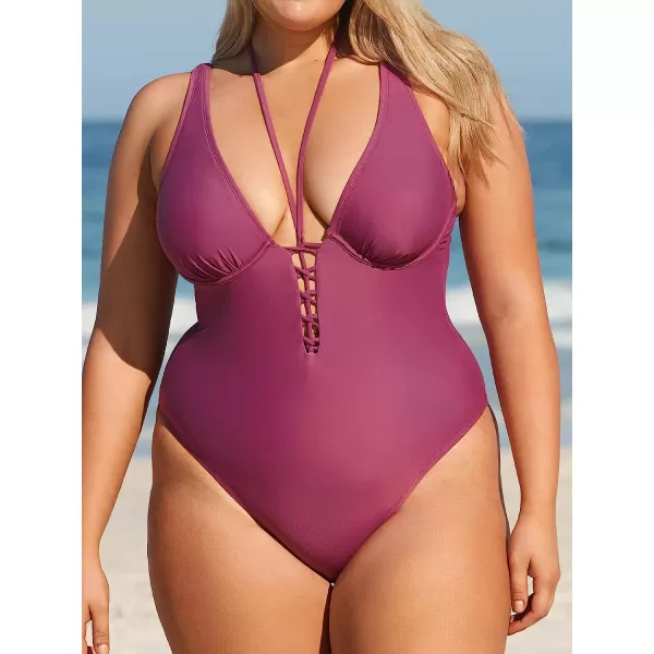 imageCUPSHE Women Swimsuit Plus Size One Piece Bathing Suit Deep V Neck Halter Crisscross Front with Adjustable Wide StrapsGrape