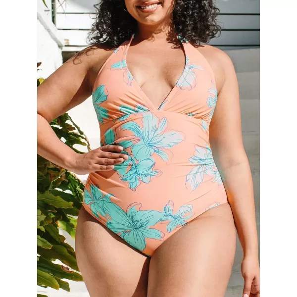 imageCUPSHE Women Swimsuit Plus Size One Piece Bathing Suit Deep V Neck Halter Ruched Tummy Control Floral Bathing SuitCantaloupe  Floral