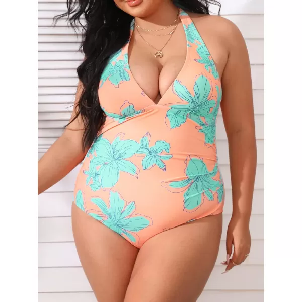 imageCUPSHE Women Swimsuit Plus Size One Piece Bathing Suit Deep V Neck Halter Ruched Tummy Control Floral Bathing SuitCantaloupe  Floral
