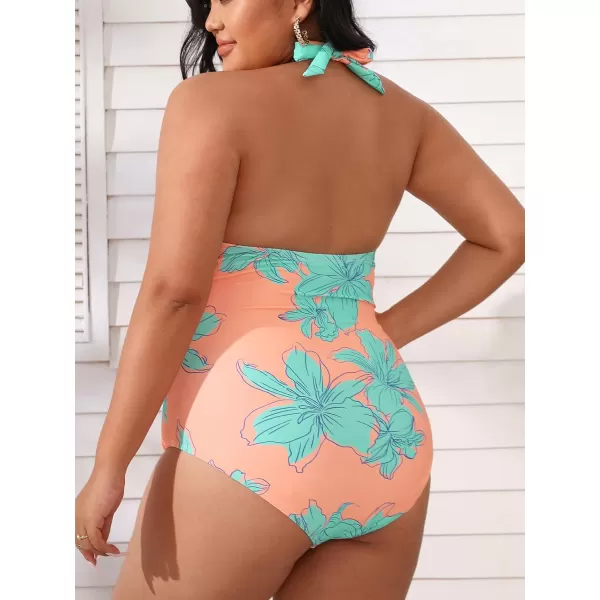 imageCUPSHE Women Swimsuit Plus Size One Piece Bathing Suit Deep V Neck Halter Ruched Tummy Control Floral Bathing SuitCantaloupe  Floral