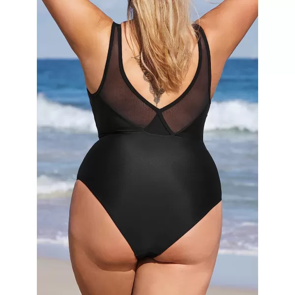 imageCUPSHE Women Swimsuit Plus Size One Piece Bathing Suit Deep V Neck Mesh Modest with Fixed Wide StrapsBlack