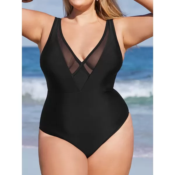 imageCUPSHE Women Swimsuit Plus Size One Piece Bathing Suit Deep V Neck Mesh Modest with Fixed Wide StrapsBlack