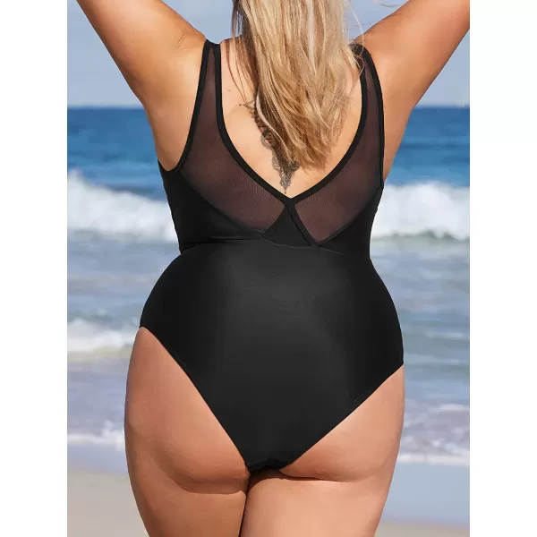 imageCUPSHE Women Swimsuit Plus Size One Piece Bathing Suit Deep V Neck Mesh Modest with Fixed Wide StrapsBlack