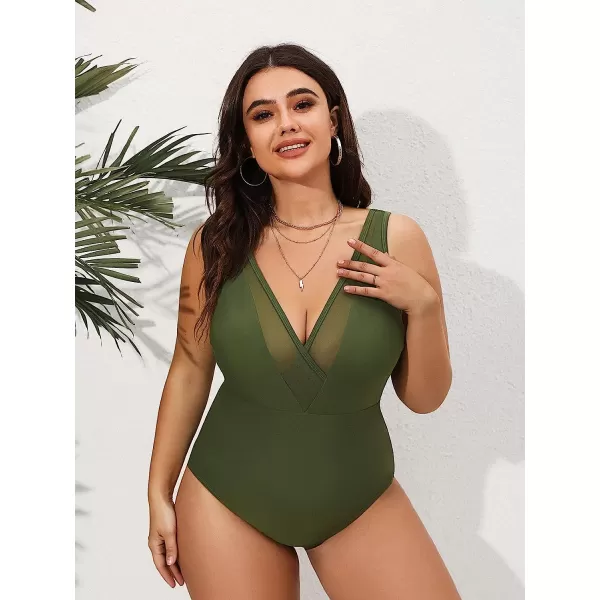 imageCUPSHE Women Swimsuit Plus Size One Piece Bathing Suit Deep V Neck Mesh Modest with Fixed Wide StrapsGreen