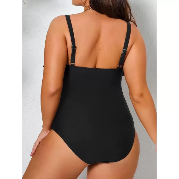 imageCUPSHE Women Swimsuit Plus Size One Piece Bathing Suit Flowy Ruffle Trim Ruched Front Tummy ControlBlack