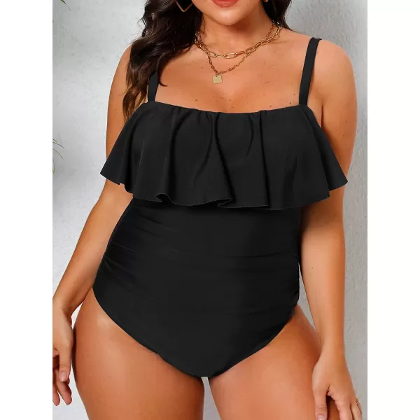 imageCUPSHE Women Swimsuit Plus Size One Piece Bathing Suit Flowy Ruffle Trim Ruched Front Tummy ControlBlack