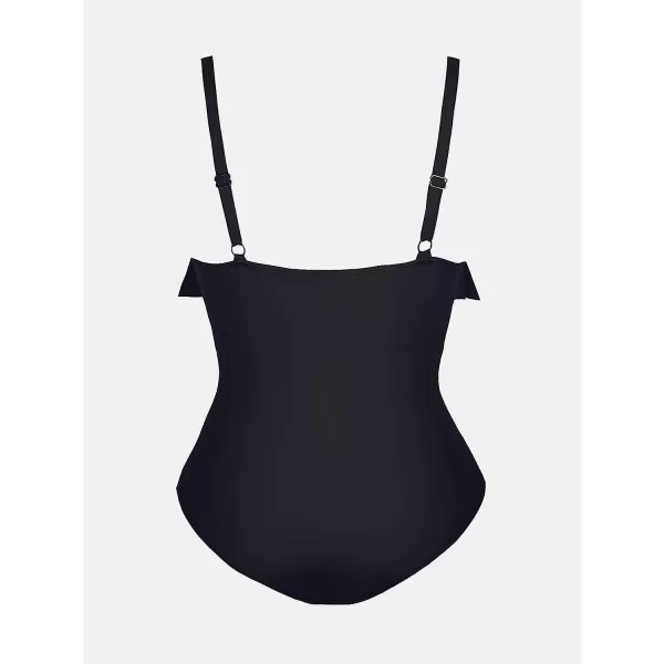 imageCUPSHE Women Swimsuit Plus Size One Piece Bathing Suit Flowy Ruffle Trim Ruched Front Tummy ControlBlack