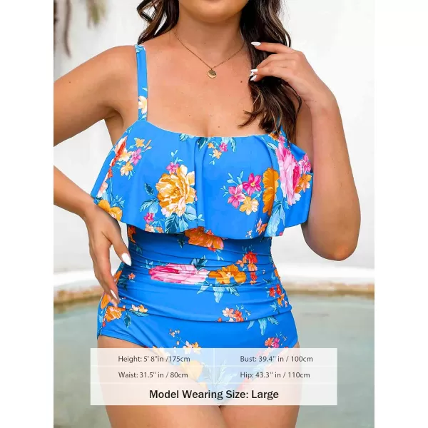 imageCUPSHE Women Swimsuit Plus Size One Piece Bathing Suit Flowy Ruffle Trim Ruched Front Tummy ControlBlue Floral