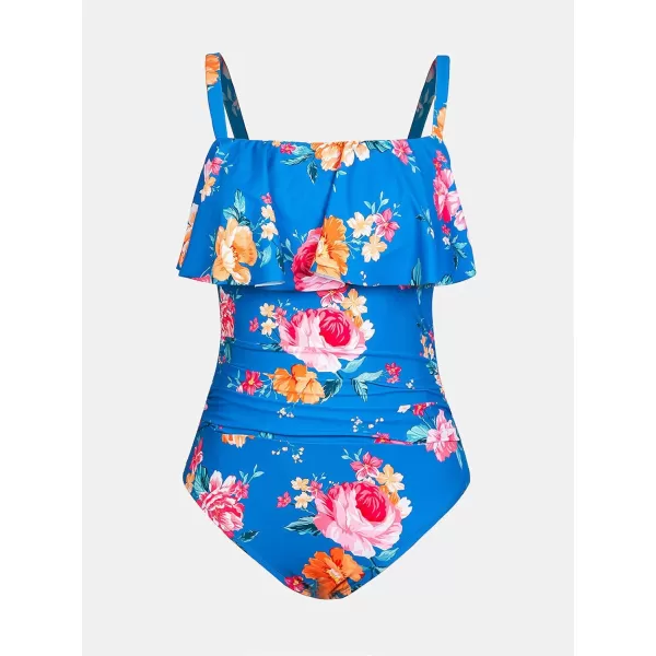 imageCUPSHE Women Swimsuit Plus Size One Piece Bathing Suit Flowy Ruffle Trim Ruched Front Tummy ControlBlue Floral