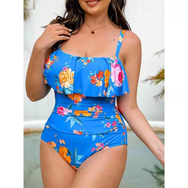 imageCUPSHE Women Swimsuit Plus Size One Piece Bathing Suit Flowy Ruffle Trim Ruched Front Tummy ControlBlue Floral
