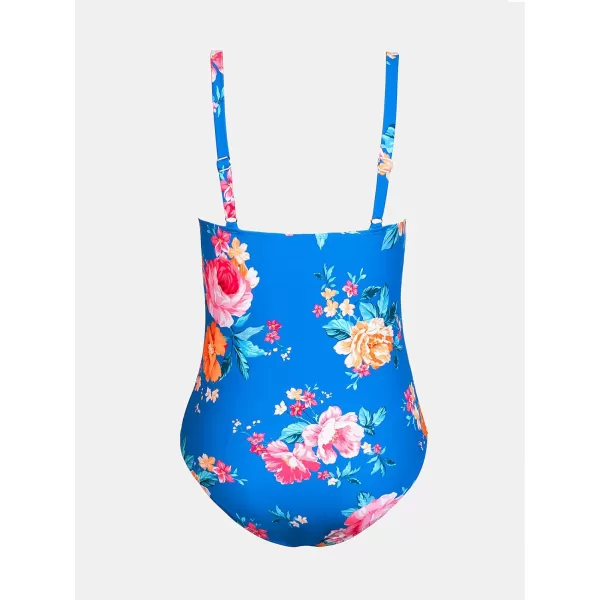 imageCUPSHE Women Swimsuit Plus Size One Piece Bathing Suit Flowy Ruffle Trim Ruched Front Tummy ControlBlue Floral