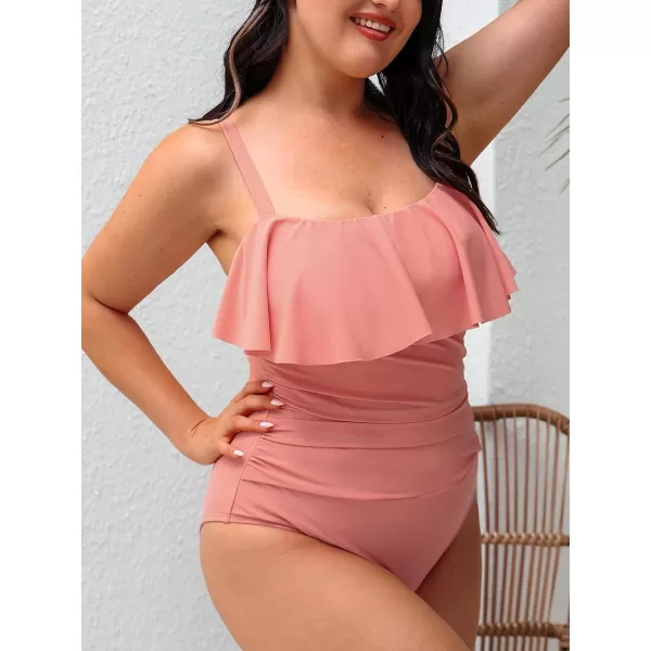 imageCUPSHE Women Swimsuit Plus Size One Piece Bathing Suit Flowy Ruffle Trim Ruched Front Tummy ControlCoral Pink