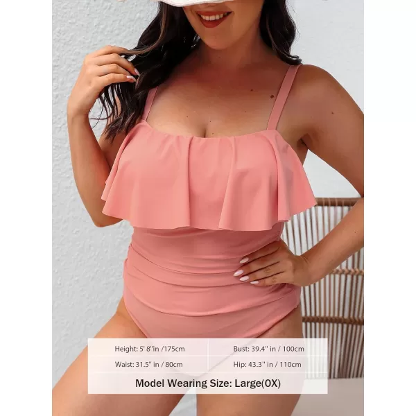 imageCUPSHE Women Swimsuit Plus Size One Piece Bathing Suit Flowy Ruffle Trim Ruched Front Tummy ControlCoral Pink