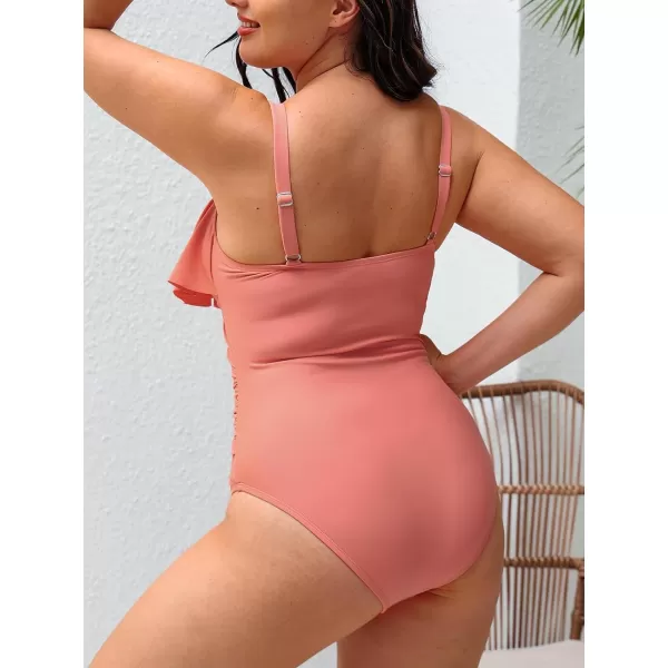 imageCUPSHE Women Swimsuit Plus Size One Piece Bathing Suit Flowy Ruffle Trim Ruched Front Tummy ControlCoral Pink
