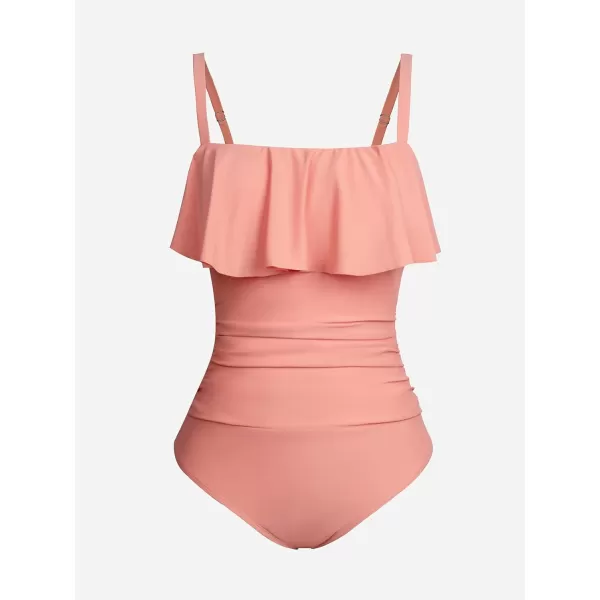 imageCUPSHE Women Swimsuit Plus Size One Piece Bathing Suit Flowy Ruffle Trim Ruched Front Tummy ControlCoral Pink