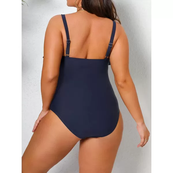 imageCUPSHE Women Swimsuit Plus Size One Piece Bathing Suit Flowy Ruffle Trim Ruched Front Tummy ControlDark Blue