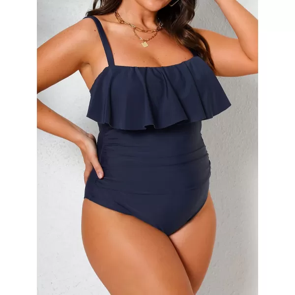imageCUPSHE Women Swimsuit Plus Size One Piece Bathing Suit Flowy Ruffle Trim Ruched Front Tummy ControlDark Blue
