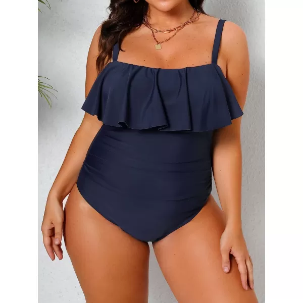 imageCUPSHE Women Swimsuit Plus Size One Piece Bathing Suit Flowy Ruffle Trim Ruched Front Tummy ControlDark Blue