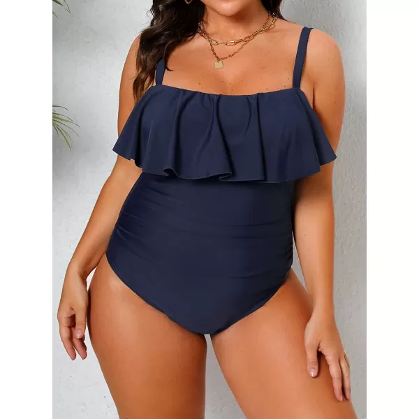 imageCUPSHE Women Swimsuit Plus Size One Piece Bathing Suit Flowy Ruffle Trim Ruched Front Tummy ControlDark Blue