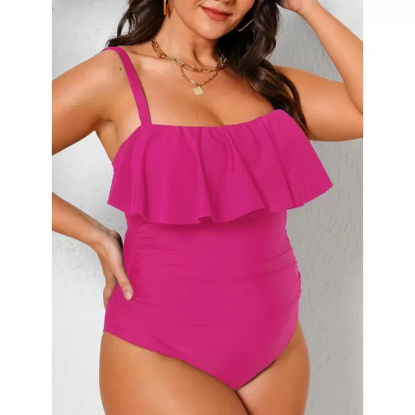 imageCUPSHE Women Swimsuit Plus Size One Piece Bathing Suit Flowy Ruffle Trim Ruched Front Tummy ControlMagenta