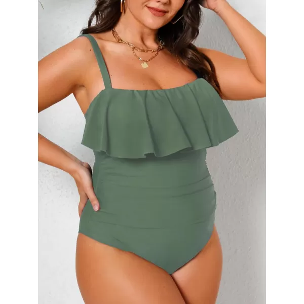imageCUPSHE Women Swimsuit Plus Size One Piece Bathing Suit Flowy Ruffle Trim Ruched Front Tummy ControlOlive Green