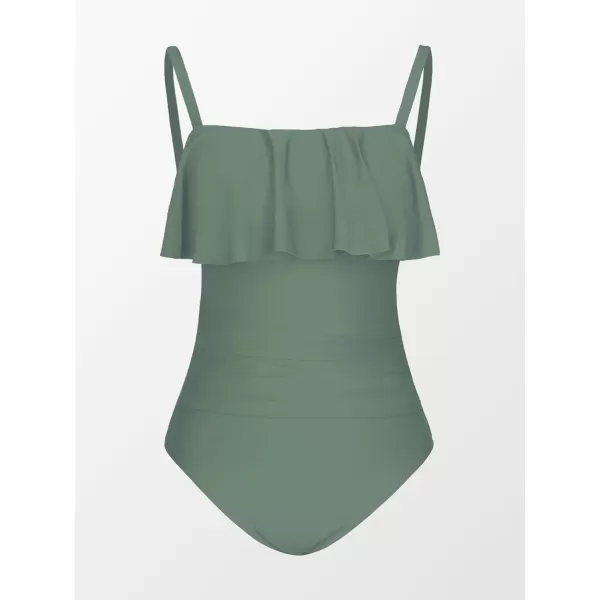 imageCUPSHE Women Swimsuit Plus Size One Piece Bathing Suit Flowy Ruffle Trim Ruched Front Tummy ControlOlive Green