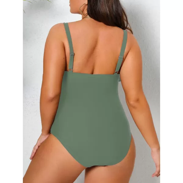 imageCUPSHE Women Swimsuit Plus Size One Piece Bathing Suit Flowy Ruffle Trim Ruched Front Tummy ControlOlive Green