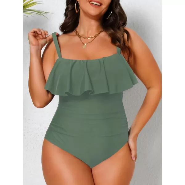 imageCUPSHE Women Swimsuit Plus Size One Piece Bathing Suit Flowy Ruffle Trim Ruched Front Tummy ControlOlive Green