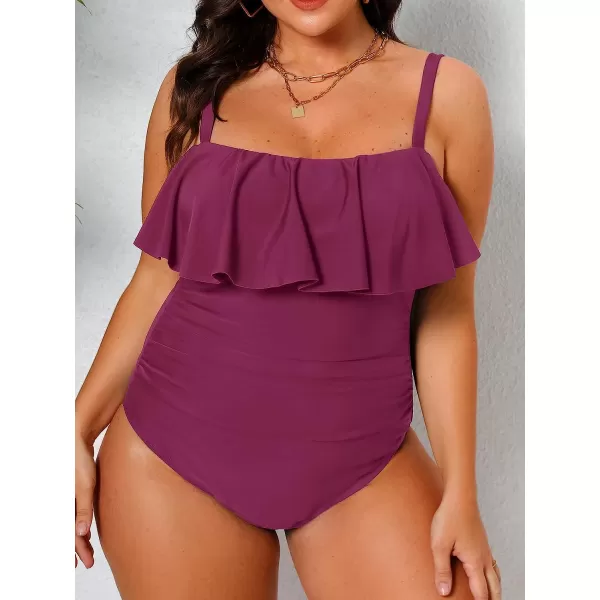imageCUPSHE Women Swimsuit Plus Size One Piece Bathing Suit Flowy Ruffle Trim Ruched Front Tummy ControlPurple