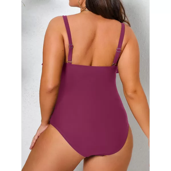 imageCUPSHE Women Swimsuit Plus Size One Piece Bathing Suit Flowy Ruffle Trim Ruched Front Tummy ControlPurple