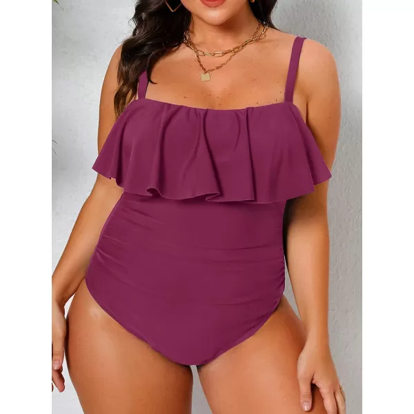 imageCUPSHE Women Swimsuit Plus Size One Piece Bathing Suit Flowy Ruffle Trim Ruched Front Tummy ControlPurple