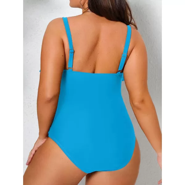 imageCUPSHE Women Swimsuit Plus Size One Piece Bathing Suit Flowy Ruffle Trim Ruched Front Tummy ControlTurquoise
