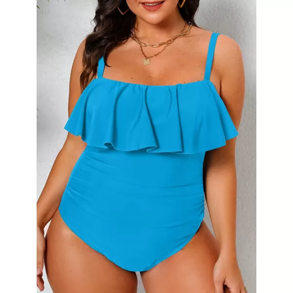 imageCUPSHE Women Swimsuit Plus Size One Piece Bathing Suit Flowy Ruffle Trim Ruched Front Tummy ControlTurquoise